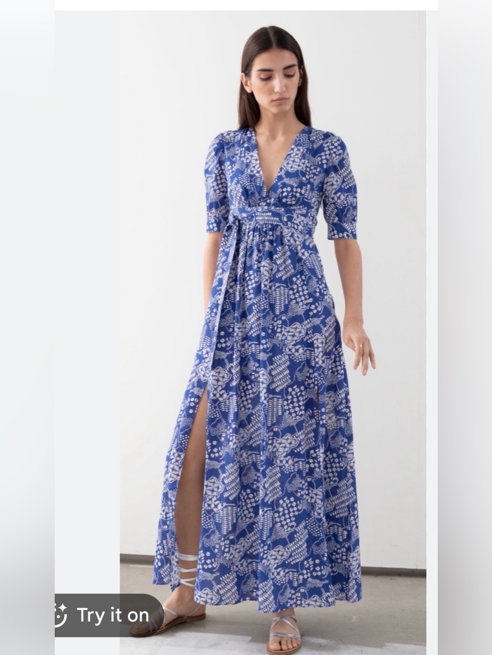 Stunning & Other Stories Blue White V-Neck Artist Maxi Dress with sexy side slit